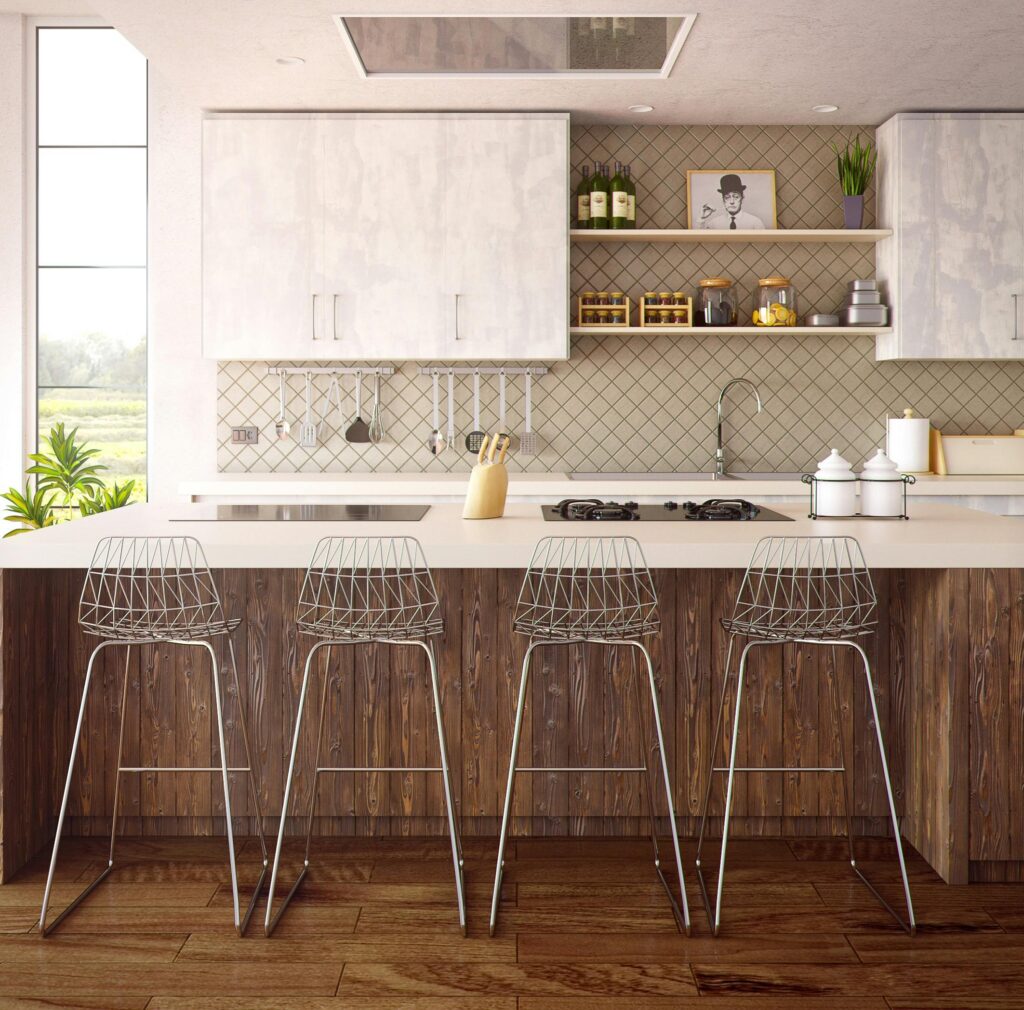 pexels-photo-279648-279648 Chic minimalist kitchen design featuring wooden accents and modern bar stools.